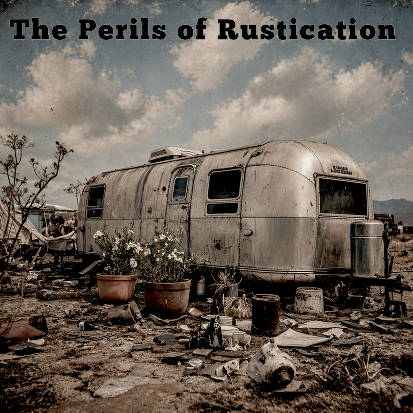 Monochrome wet-plate photograph of a lonely wind-swept desert tree at twilight with high contrast and film grain textures.